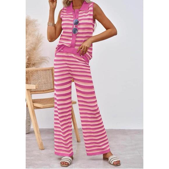Wonens Striped Perforated Top And Lounge Pants, Cruisewear Sz XL Pink/ White New - Picture 7 of 10